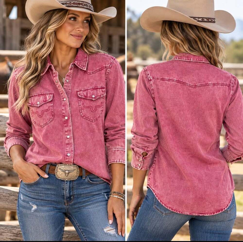 Lucky & Blessed Women’s Small Pink Acid Wash Denim Pearl Snap Western Shirt